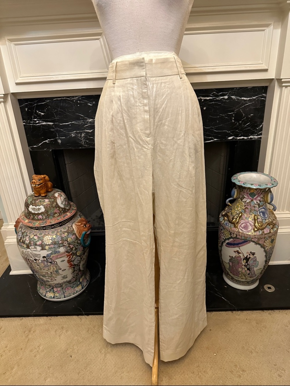 Dkny Cream Wide-Leg Linen-Blend Trousers